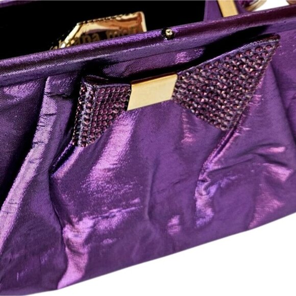 Fabiana Mori Italian Purple Satin Evening Bag Rhinestone Bow Chain Handle 2010s - Picture 7 of 12